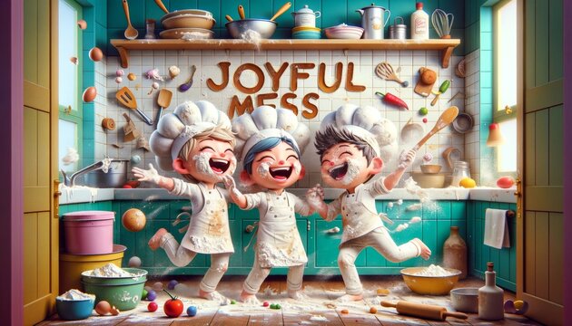 A playful food fight scene with two animated characters in chef hats, covered in flour and laughing in a kitchen setting.