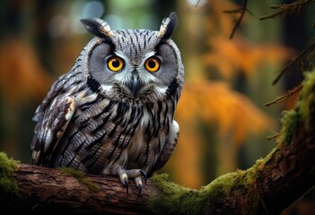 Photo of a diamond owl perched on a branch in an old growth forest. The creature has grey and white feathers with black stripes around its eyes.