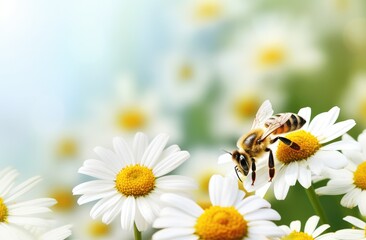 Obraz premium Photo of a honeybee on the center flower petal, with other white daisies in the background.