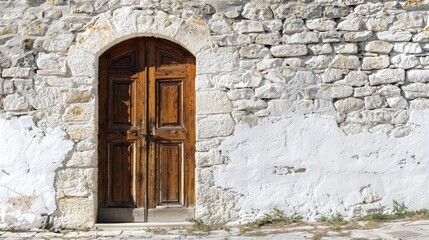 Fototapeta na wymiar Stunning wooden door in a white stone wall,a vertical image of a white building with an old oak door
