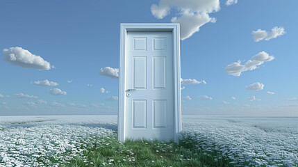 A solitary door stands alone in a field of white flowers, under a clear blue sky with scattered clouds, evoking a sense of the surreal. Generative AI