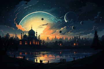 Modern Background Ramadan Mubarak With Mosque An evening mosque with a crescent moon