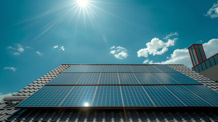 Solar panels on a house roof, eco-friendly energy concept under sunlight. Ai generative illustration