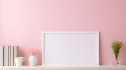 blank white photo frame on shelf at pastel pink wall simple minimal decoration