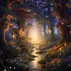 Obraz na płótnie Canvas Enchanted Mystical forest Dreamy Fairy Environment Pintable Background. Graphic Forest Floral Game Asset.