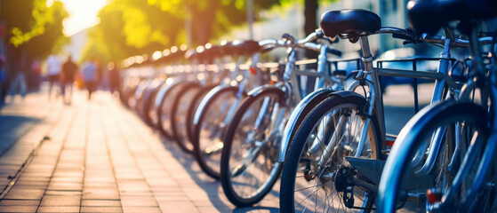 Closeup of bicycles parking beside the walkway 
