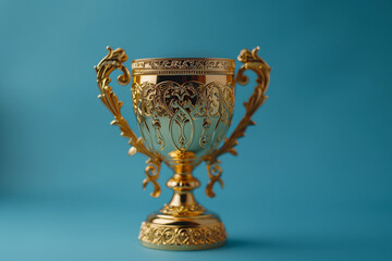 Fototapeta na wymiar Gold trophy cup on blue background 