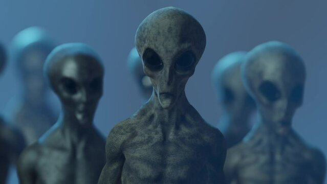 A group of creepy grey aliens staring at the camera Closeup version UHD 4K