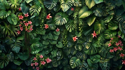 Fototapeta premium a variety of tropical leaves and exotic flowers. The rich green tones and the intricate patterns highlight the diversity of the tropical flora.