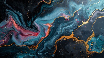Obraz premium An exquisite piece of fluid art, blending deep blues and vibrant pinks with streaks of luxurious gold, creating a marbled effect that conveys movement and elegance.
