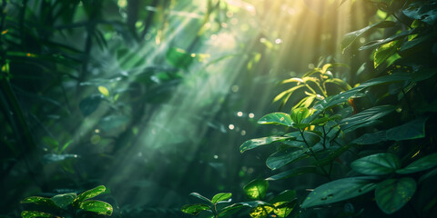 Fototapeta na wymiar Light coming through a lush forest 