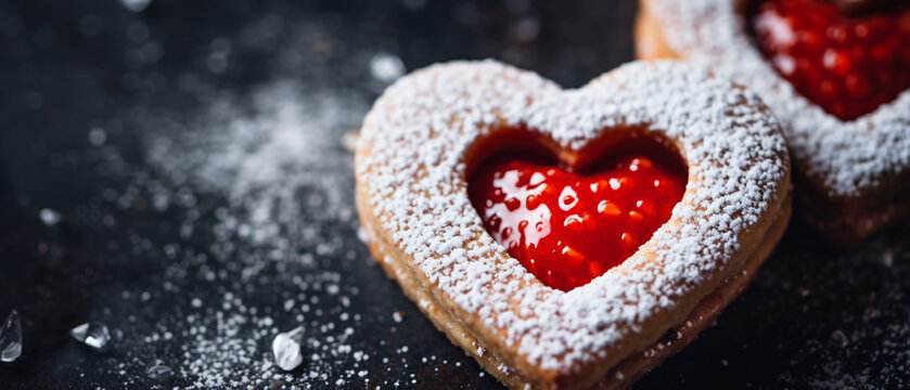 Closeup of heartshaped Linzer Christmas cookie filled