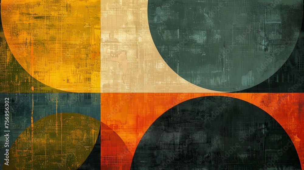 Poster An abstract composition of modern geometric shapes with textured surfaces in a palette of earthy tones, creating a bold and sophisticated visual experience.