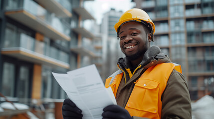 A smiling constructor worker with a hard hat in front of a new high-rise building holding documents. Ai generative illustration