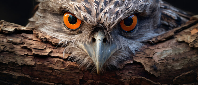 Closeup of the face of a tawny frogmouth Podargus
