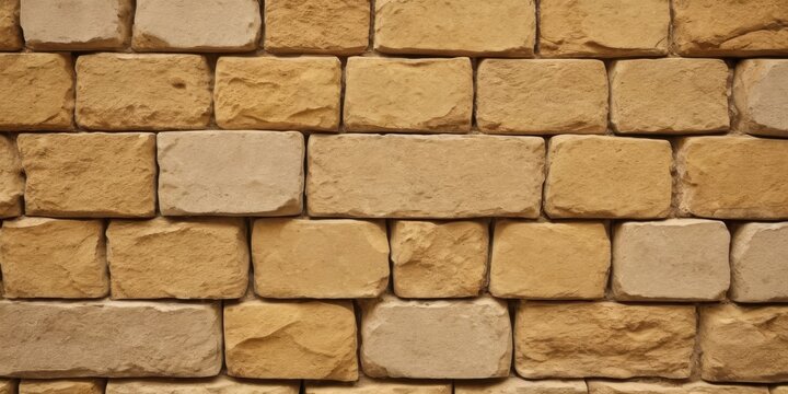 Rock stone brick tile wall aged texture detailed pattern background in yellow cream beige colo