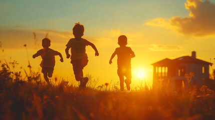 Silhouettes of kids playing and running on a lawn near a house during sunset. Ai generative illustration