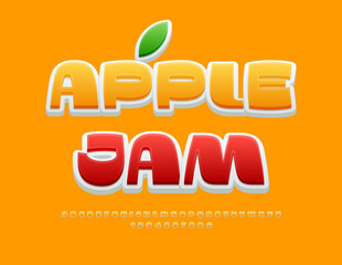 Vector advertising label Apple Jam. Sunny Yellow Font. Modern Alphabet Letters and Numbers set.
