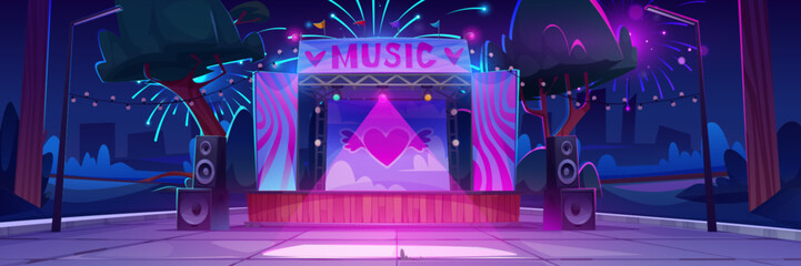 Holiday event with music festival in city park at night. Dark urban public garden landscape with fireworks over stage for concert. Cartoon vector illustration of scene for outdoor entertainment. - obrazy, fototapety, plakaty