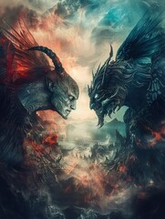A mesmerizing picture showing a devil and an angel existing in harmony amidst a surreal backdrop - obrazy, fototapety, plakaty