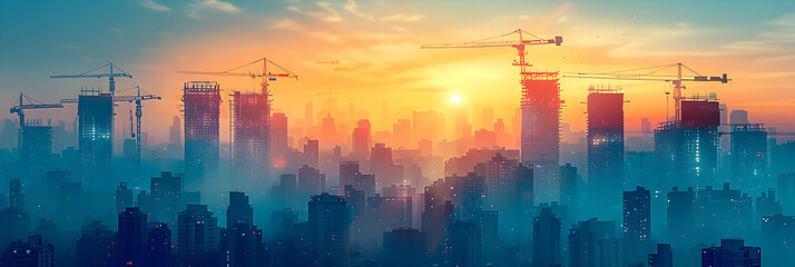 Construction of Modern Buildings with Cranes Onsite ,
A sunset over a city - obrazy, fototapety, plakaty