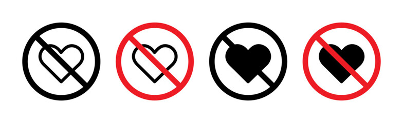 No Love Sign Line Icon Set. Love Heart Lock Symbol in black and blue color.