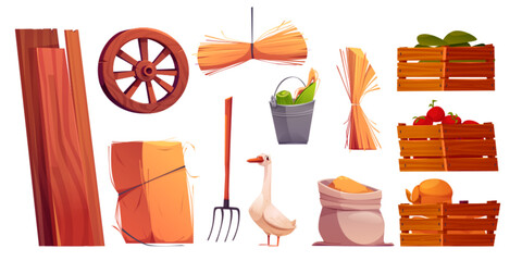 Farm barn interior elements set. Cartoon vector hay in stacks, wooden planks and cart wheel, fork tool and corn in metal bucket, ripe vegetables tomato and pumpkin in boxes, goose and grain in sack.