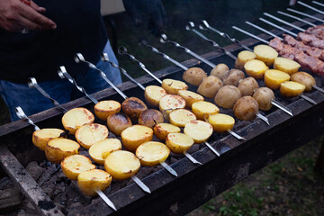 Tasty shish kebab cooking process. Grilled meat