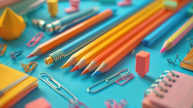 School supplies: multicolored wooden pencils, notebook, generative ai