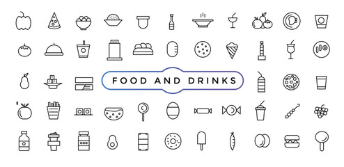 Food and drinks icon. Restaurant line icons set. Contains such Icons as Fruit Basket, Noddles, Healthy Smoothies and more.