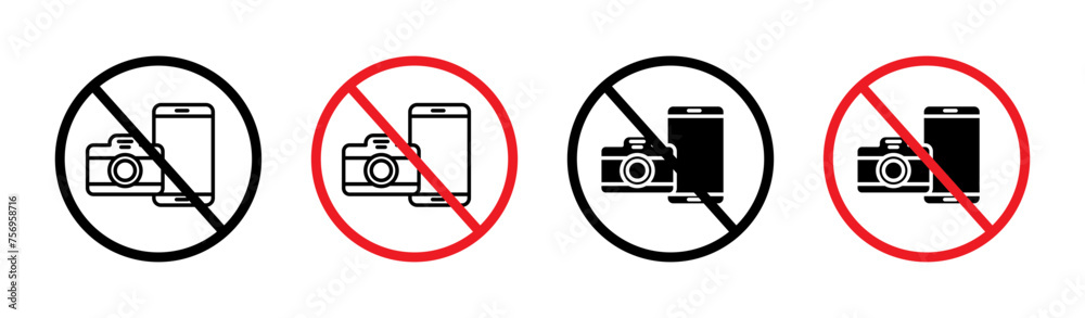 Wall mural Photo and Phone Forbidden Line Icon Set. Camera and Mobile Phone Prohibition symbol in black and blue color.