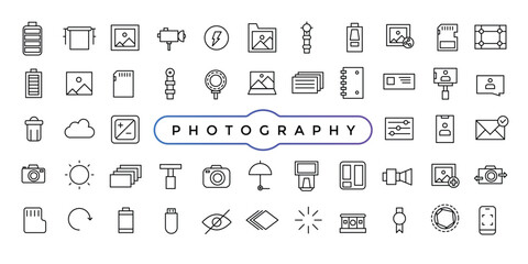 Simple Set of Photography and Image Editing Related Vector Line Icons. Contains such Icons as Image Gallery, Auto Correction, Adjustments and more.