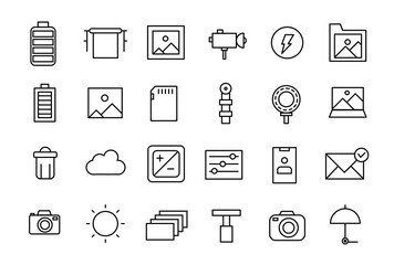Simple Set of Photography and Image Editing Related Vector Line Icons. Contains such Icons as Image Gallery, Auto Correction, Adjustments and more. - obrazy, fototapety, plakaty