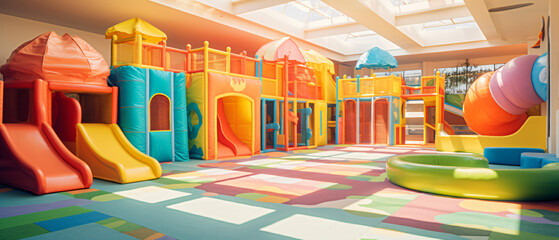 Colorful indoor childrens play area with inflatable playarea - obrazy, fototapety, plakaty
