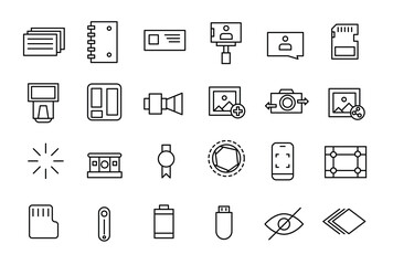 Simple Set of Photography and Image Editing Related Vector Line Icons. Contains such Icons as Image Gallery, Auto Correction, Adjustments and more.