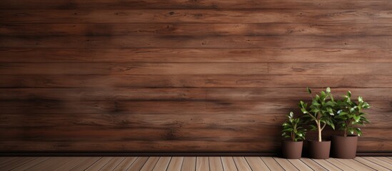 Three houseplants in flowerpots are placed in front of a brown wooden wall, showcasing the contrast between the green plants and the dark wood flooring