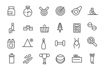 Physical Fitness icon set. line icons related to wellness, wellbeing, mental health, healthcare, cosmetics, spa, medical.