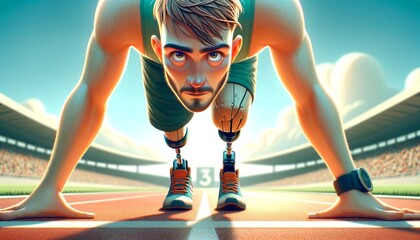 An animated, whimsical close-up illustration of a determined runner with a prosthetic leg taking a deep breath at the starting line of a race track. - obrazy, fototapety, plakaty