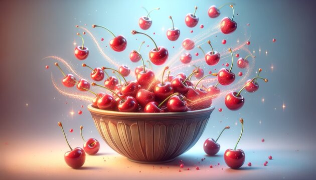 A whimsical animated image capturing the moment a bowl of cherries experiences a few cherries falling into it, creating a sense of motion.