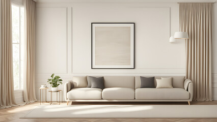 Lounge in modern decoration style with relaxing sofa and blank photo frame on the wall with space for text
