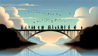 Whimsical, animated art style image of silhouette figures crossing a bridge, representing the journey from danger to safety.