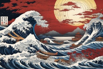 japanesestyle great wave with retro comic background