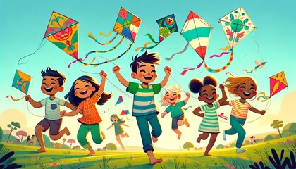 A whimsical, animated image set in a vibrant park where five children from diverse backgrounds are flying kites.