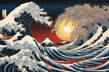 japanesestyle great wave with retro comic background - obrazy, fototapety, plakaty