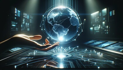 A hand reaching out towards a glowing digital globe with interconnected network lines highlighting international communication.