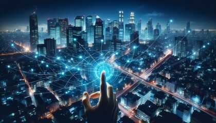 Fototapeta premium A cityscape at night where buildings are connected by glowing data streams, and a hand is swiping through the air, interacting with the streams.