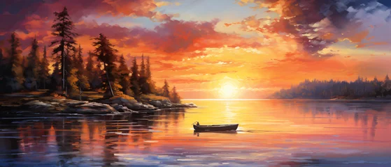 Zelfklevend Fotobehang colorful sunset on the lake oil painting art watercolor © Mishi
