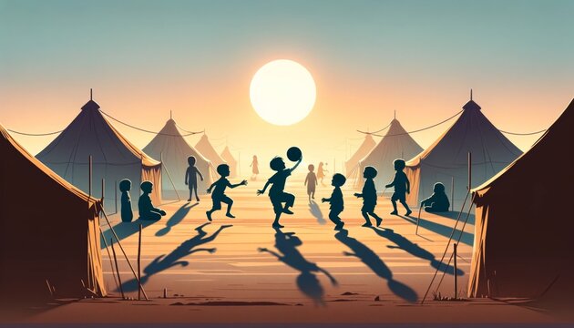 Whimsical, animated art style image depicting the silhouettes of children playing with a ball in a refugee camp setting.