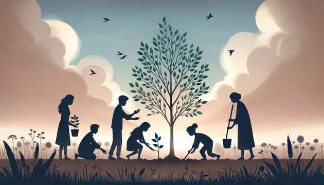Design a whimsical, animated art style image that shows silhouettes of people planting a tree, representing growth and the establishment of new roots.