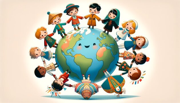 A whimsical, animated image featuring a globe in the center, surrounded by five children in various national costumes holding hands.